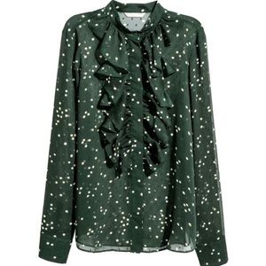 H&M Green Ruffle Front Long Sleeve Button Up Blouse Size 14 (large).